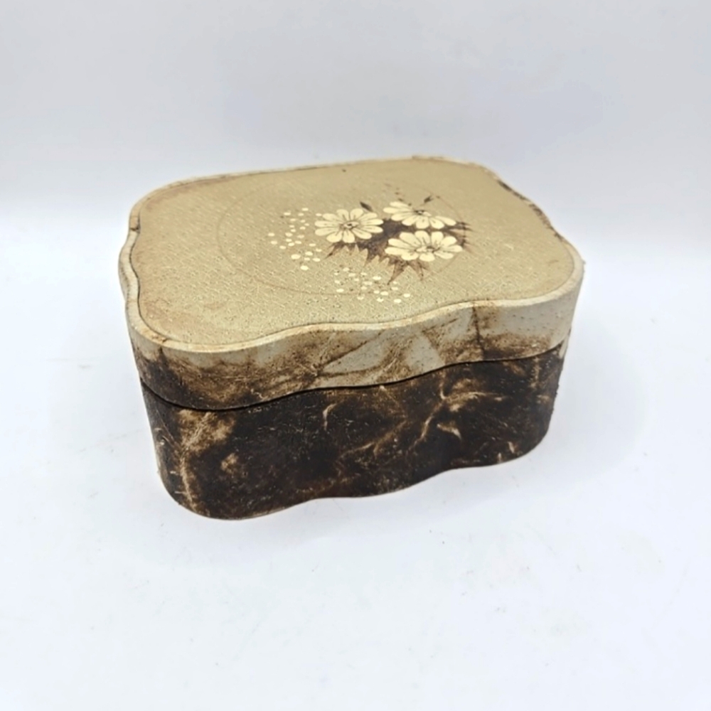 Vintage Old Leather Jewelry Box Made In Latvia Beige And Browns Hinged Lid 5×4"
